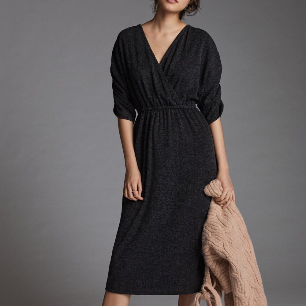 Anthropologie Amadi Ruched Knit Midi Dress grey XL knit v-neck ruching